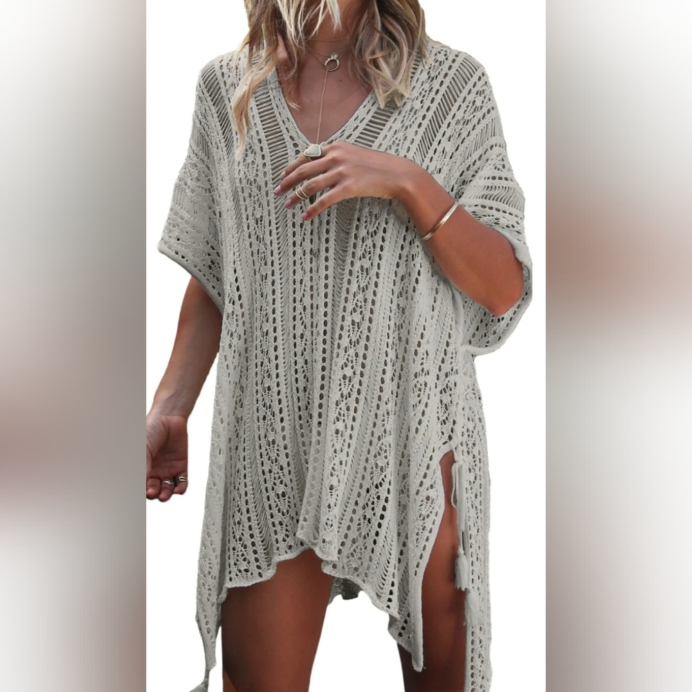Womens Crochet Cover Up Half Sleeves Lace Knitted Tassel Tie Kimono Beachwear OS - Picture 11 of 12